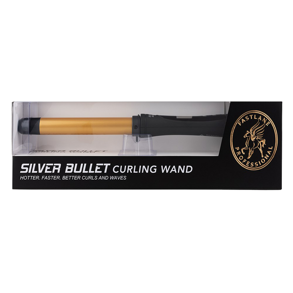 Packaging of Silver Bullet Fastlane Gold 25mm Clipless Curling Wand 