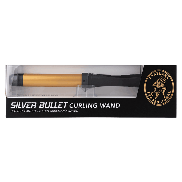 Packaging of Silver Bullet Fastlane Gold 32mm Clipless Curling Wand 