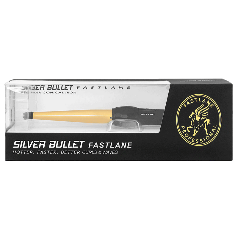Packaging of Silver Bullet Fastlane Regular Gold 13mm to 25mm Ceramic Conical Curling Iron