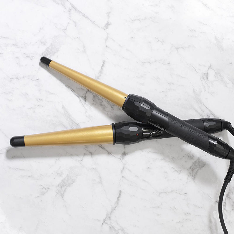 Two sizes of Silver Bullet Fastlane Regular Gold Ceramic Conical Curling Iron