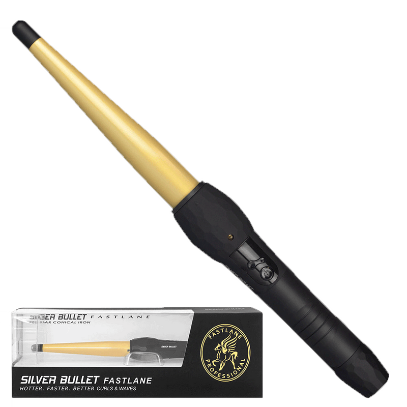 Packaging of Silver Bullet Fastlane Regular Gold 13mm to 25mm Ceramic Conical Curling Iron