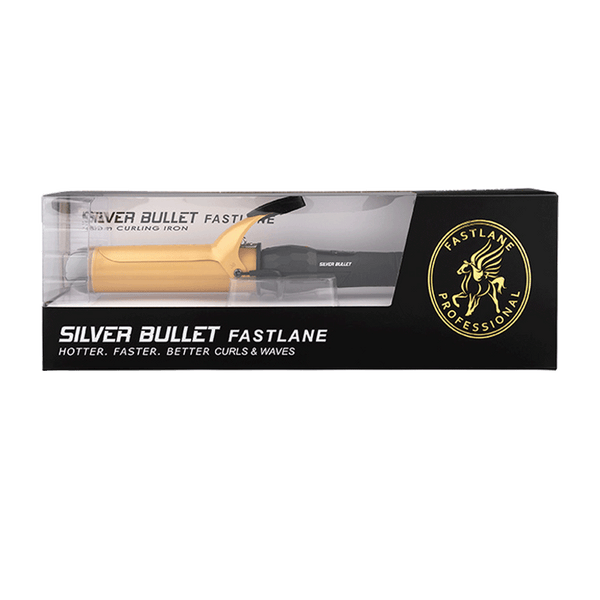 Packaging of Silver Bullet Fastlane Gold 38mm Ceramic Curling Iron