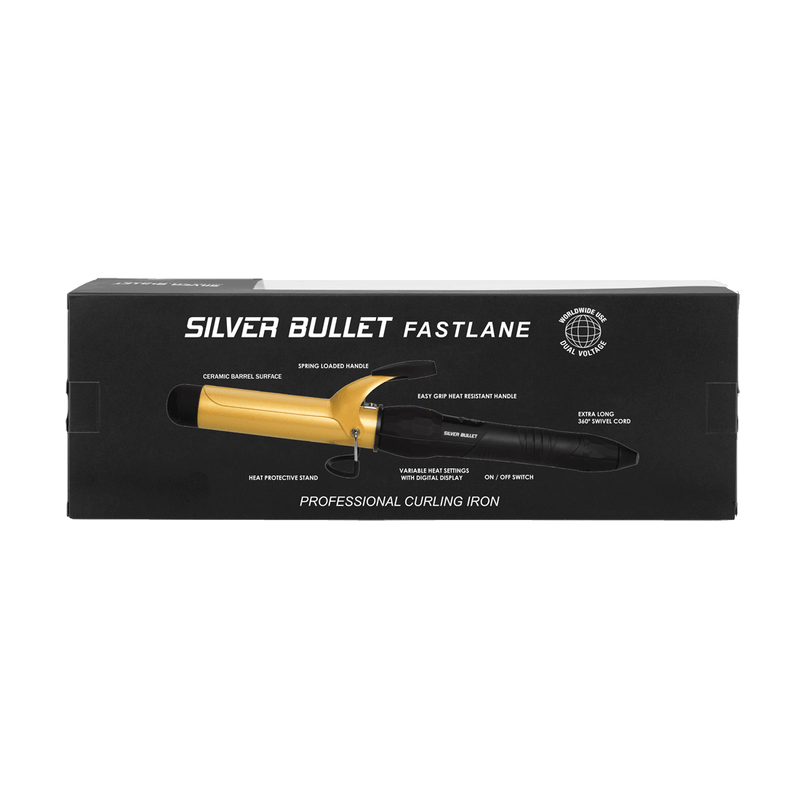 Packaging of Silver Bullet Fastlane Gold 32mm Ceramic Curling Iron