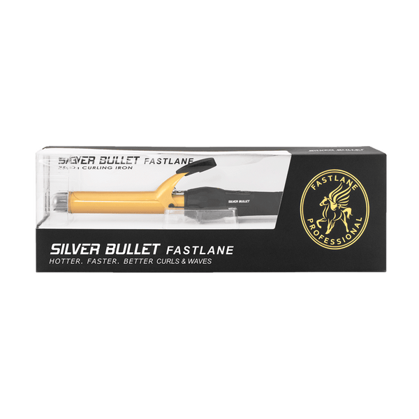 Packaging of Silver Bullet Fastlane Gold 25mm Ceramic Curling Iron