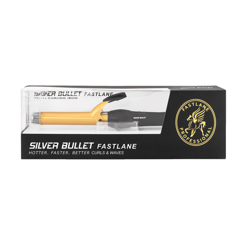 Packaging of Silver Bullet Fastlane Gold 25mm Ceramic Curling Iron