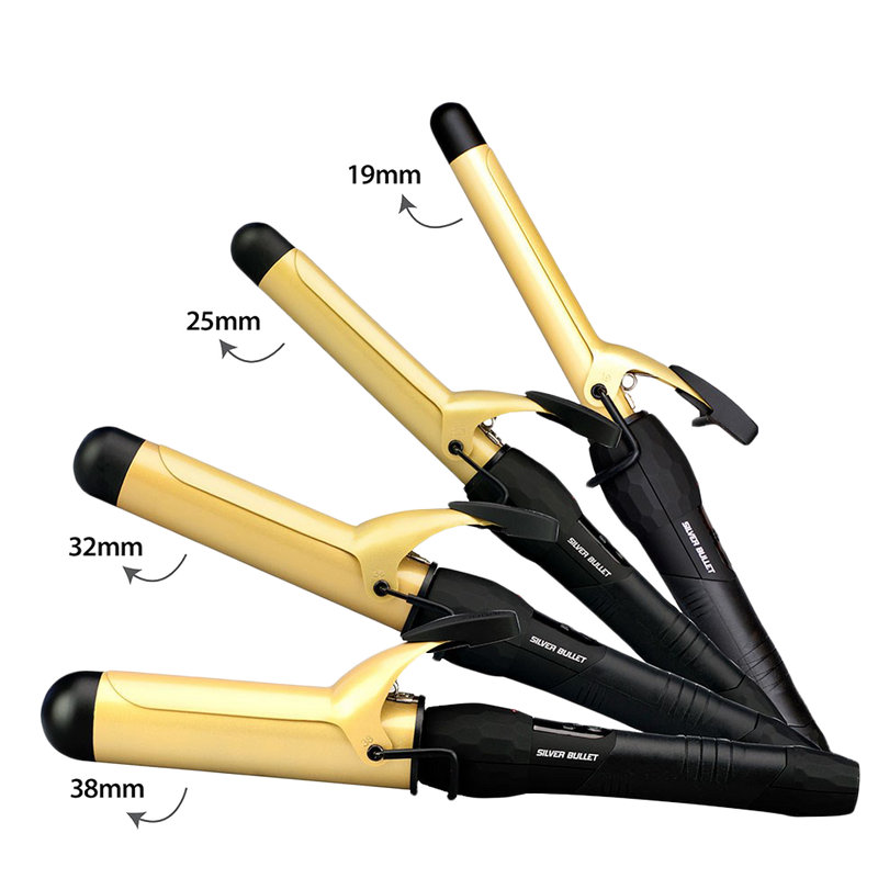 Silver Bullet Fastlane Gold Ceramic Curling Iron sizes