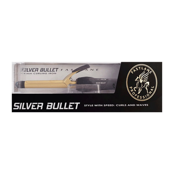 Packaging of Silver Bullet Fastlane Gold 19mm Ceramic Curling Iron