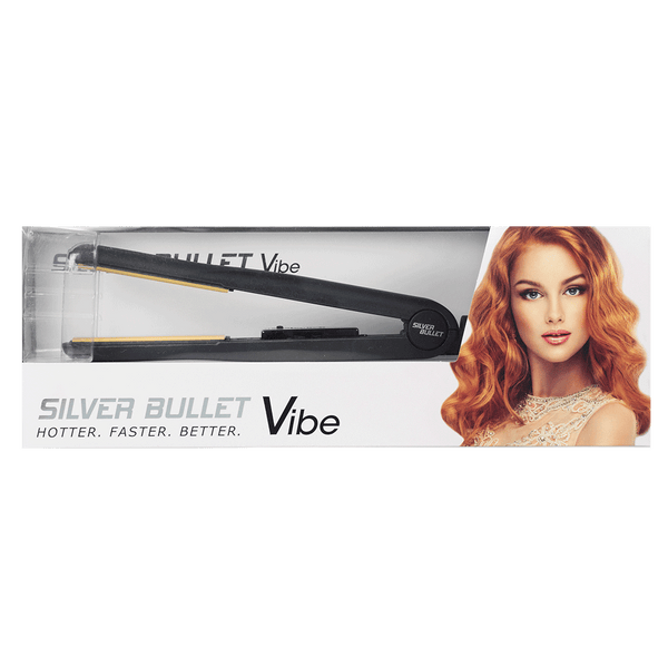 Packaging of Silver Bullet Vibe Black Hair Straightener with gold plates 