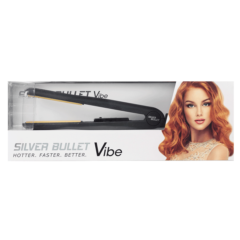 Packaging of Silver Bullet Vibe Black Hair Straightener with gold plates 