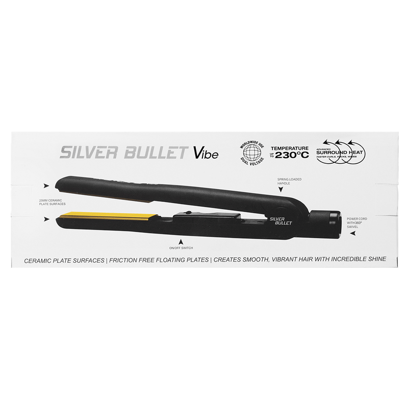 Packaging of Silver Bullet Vibe Black Hair Straightener with gold plates 
