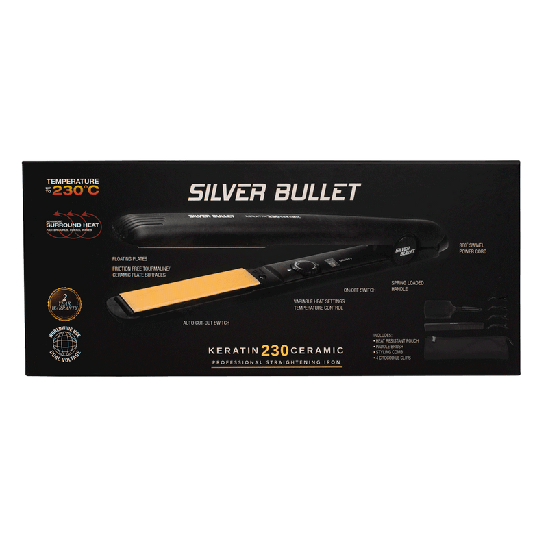 Packaging of Silver Bullet Keratin 230C Ceramic Gold Plates Hair Straightener