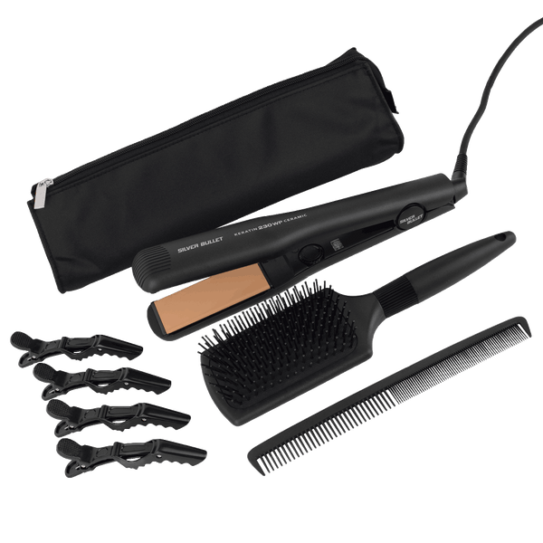 Silver Bullet Keratin 230C Wide Ceramic Hair Straightener pack includes 1 x Paddle Brush, 1 x Styling Comb, 4 x Crocodile Clips, 1 x Thermal Heat Protector, 1 x Storage Pouch