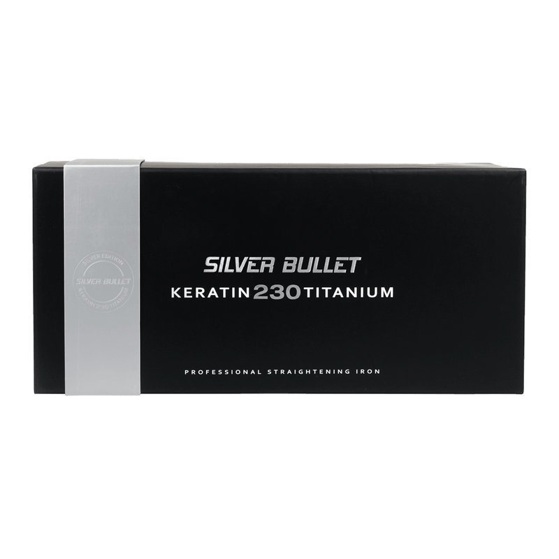 Packaging of Silver Bullet Keratin 230C Titanium silver plates Hair Straightener