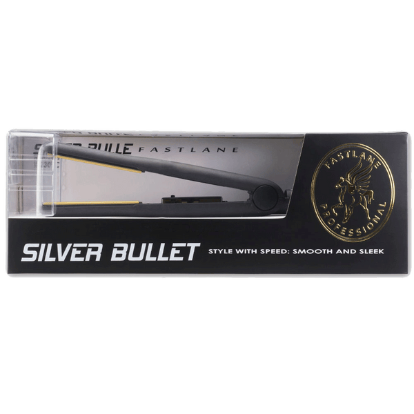 Packaging of Silver Bullet Fastlane Black Ceramic Hair Straightener with gold plates