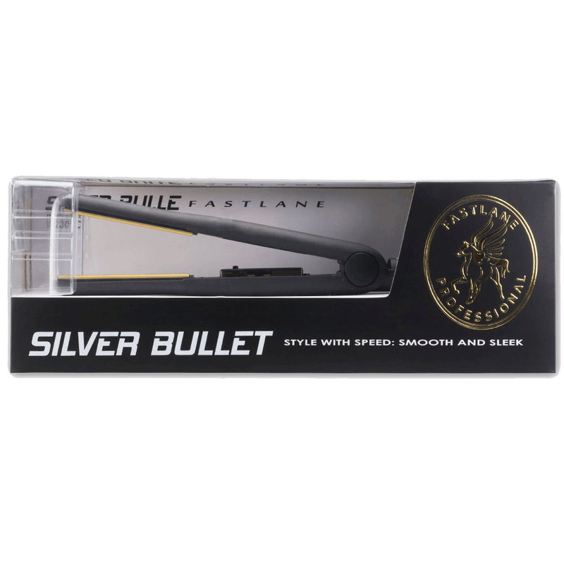 Packaging of Silver Bullet Fastlane Black Ceramic Hair Straightener with gold plates