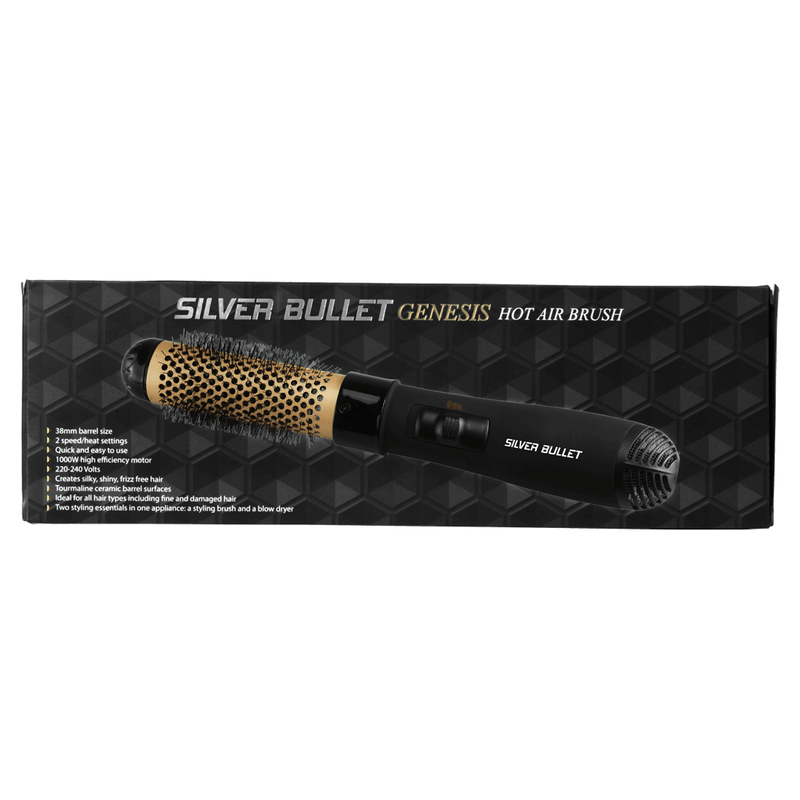 Packaging of Silver Bullet Black and gold Genesis 38mm Hot Air Brush