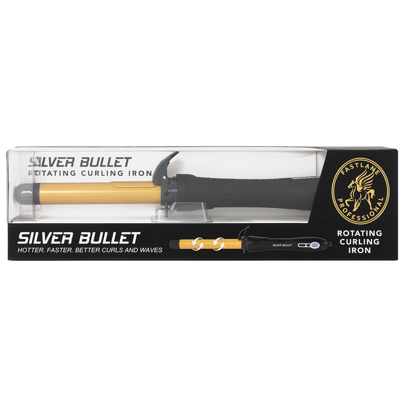 Packaging of Silver Bullet Fastlane Gold Rotating Curling Iron