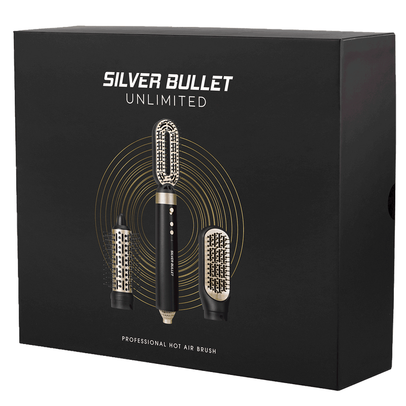 Packaging of Silver Bullet Black & Gold Unlimited Hot Air Hair Brush including : hot tube, vent and paddle attachments