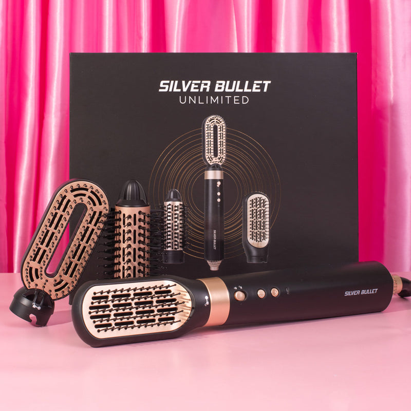 Silver Bullet Black & Gold Unlimited Hot Air Hair Brush including : hot tube, vent and paddle attachments