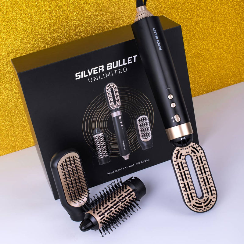 Silver Bullet Black & Gold Unlimited Hot Air Hair Brush including : hot tube, vent and paddle attachments