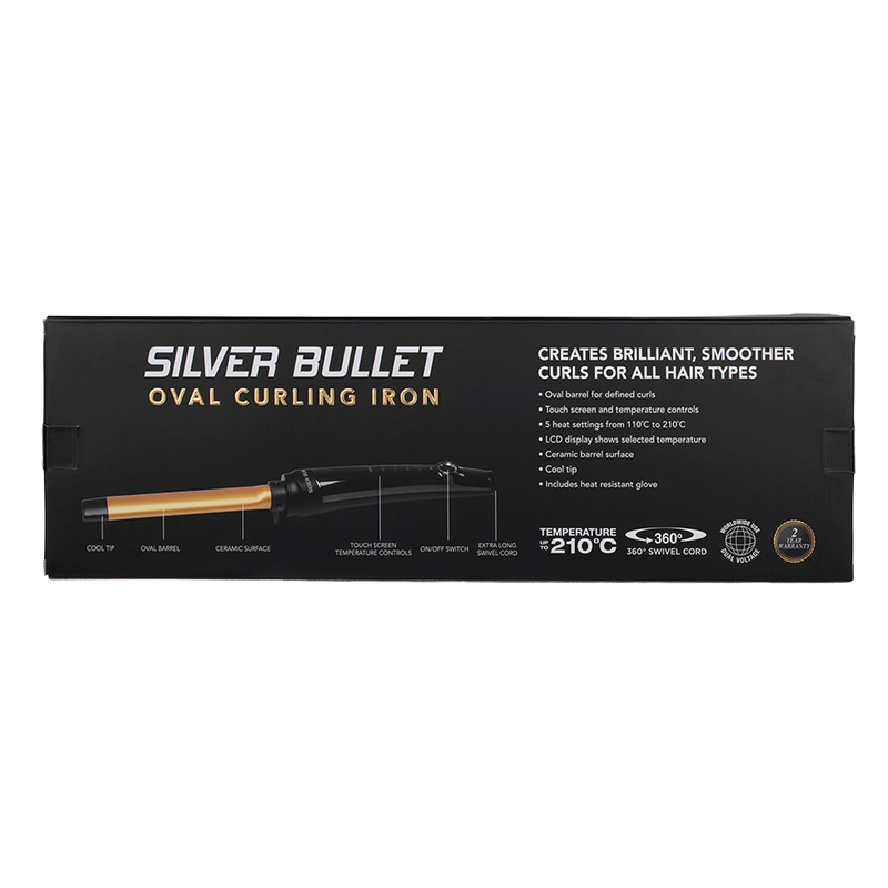 Packaging of Silver Bullet Fastlane Gold Oval Curling Iron with Touch Screen
