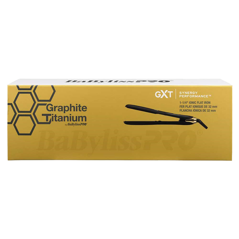 Packaging of BaBylissPRO Gold and black Graphite Titanium Ionic 32mm Hair Straightener 