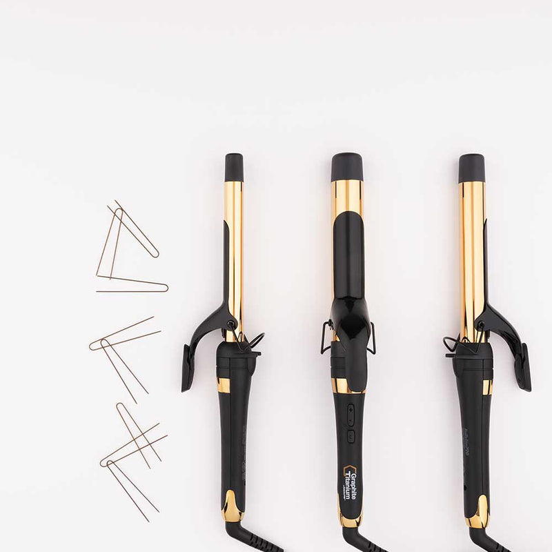 BaBylissPRO black and gold Graphite Titanium Ionic Curling Irons in 19mm, 25mm and 32mm