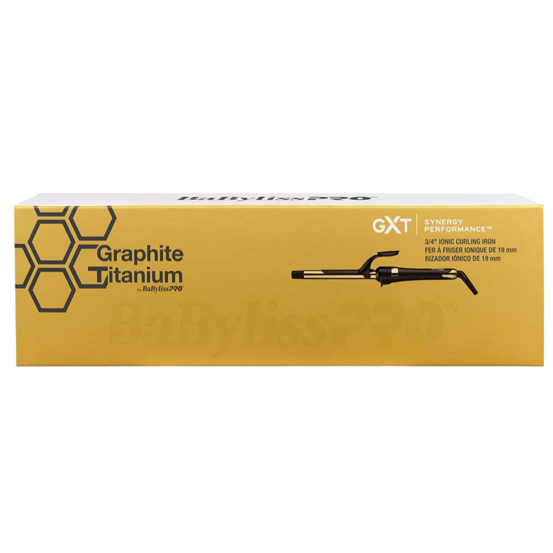 Packaging of BaBylissPRO black and gold Graphite Titanium Ionic Curling Iron 19mm