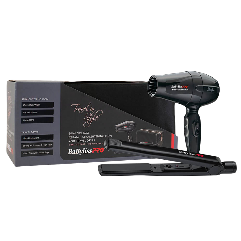 BaBylissPRO Black Travel In Style Hair Dryer and Straightener Set with black travel bag included
