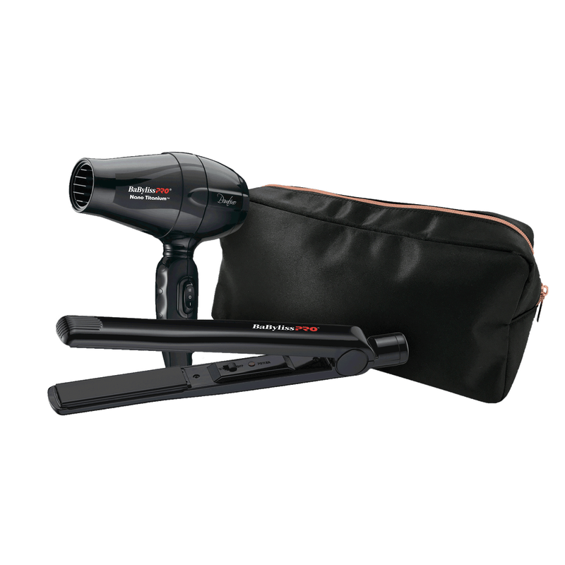 BaBylissPRO Black Travel In Style Hair Dryer and Straightener Set with black travel bag included