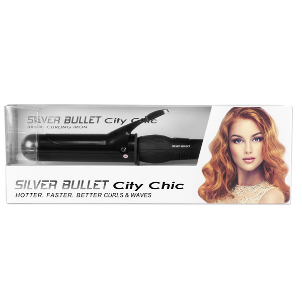 Packaging of Silver Bullet City Chic Black 38mm Curling Iron