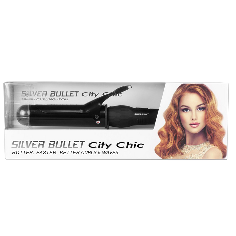 Packaging of Silver Bullet City Chic Black 38mm Curling Iron