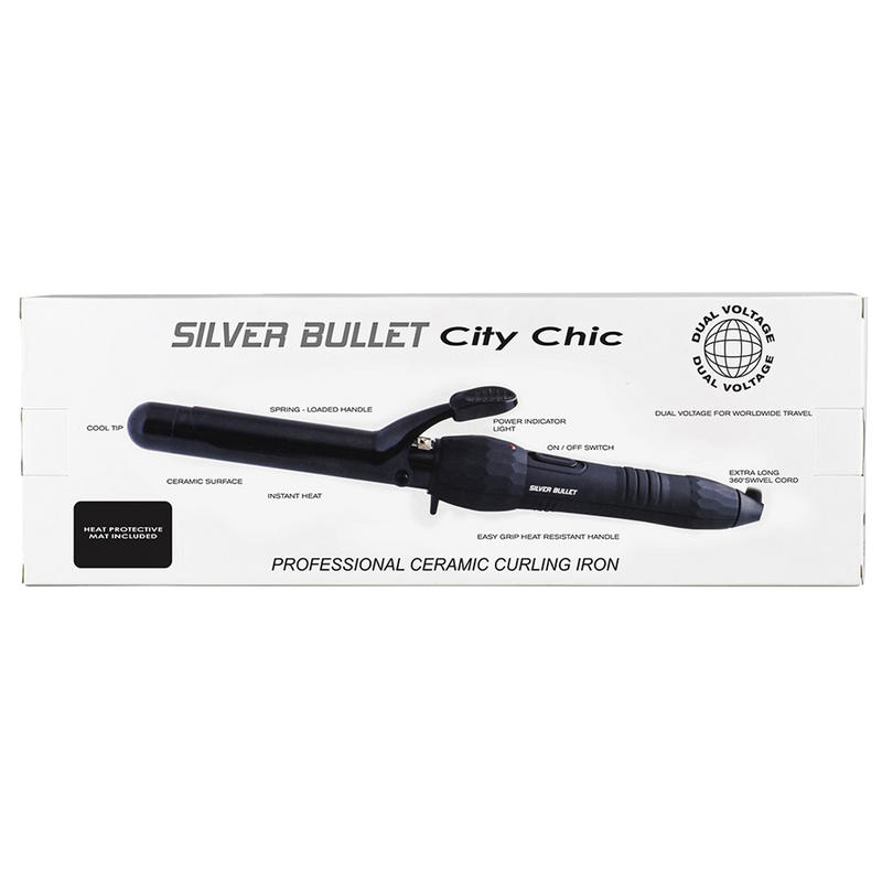 Packaging of Silver Bullet City Chic Black 38mm Curling Iron