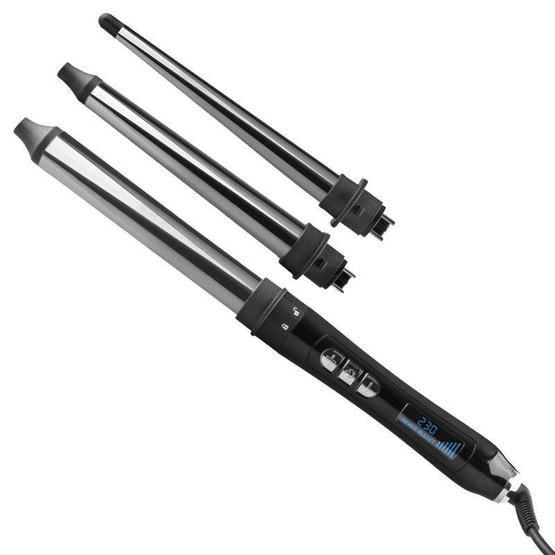 Silver Bullet Silver Celebrity Curls 3 in 1 Genius Curling Iron including 25mm curling iron, 19mm to 25mm conical curler and 9mm to 19mm conical curler
