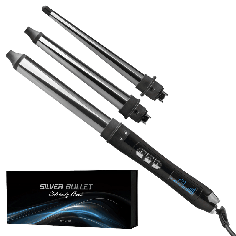 Silver Bullet Silver Celebrity Curls 3 in 1 Genius Curling Iron including 25mm curling iron, 19mm to 25mm conical curler and 9mm to 19mm conical curler