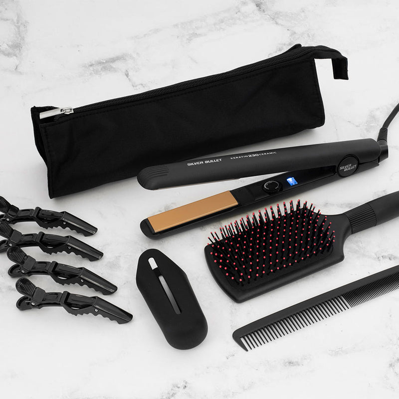 Silver Bullet Keratin 230C Ceramic Hair Straightener pack includes 1 x Paddle Brush, 1 x Styling Comb, 4 x Crocodile Clips, 1 x Thermal Heat Protector, 1 x Storage Pouch